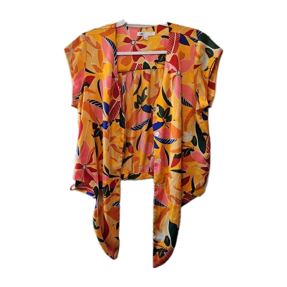 DR2 Blouse Womens Medium Tropical Floral Beachy Vacation Silky Tie Knot Front